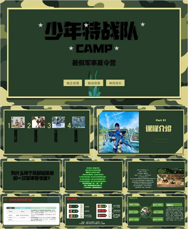 少年特战队暑假军事夏令营活动策划介绍PPT模板 - 封面预览