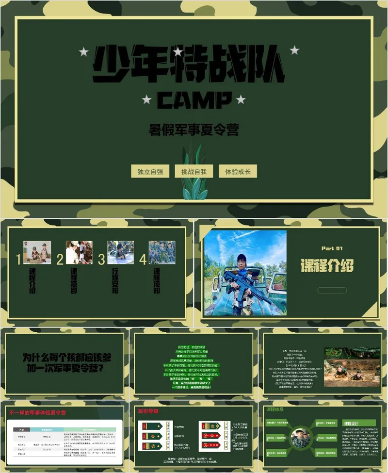 少年特战队暑假军事夏令营活动策划介绍PPT模板 - 封面预览