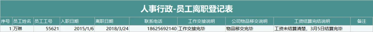人事行政员工离职登记信息统计Excel表格 - 第1页