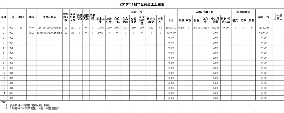 公司月度员工工资核算统计Excel表格 含考勤薪资代扣项明细 - 第1页