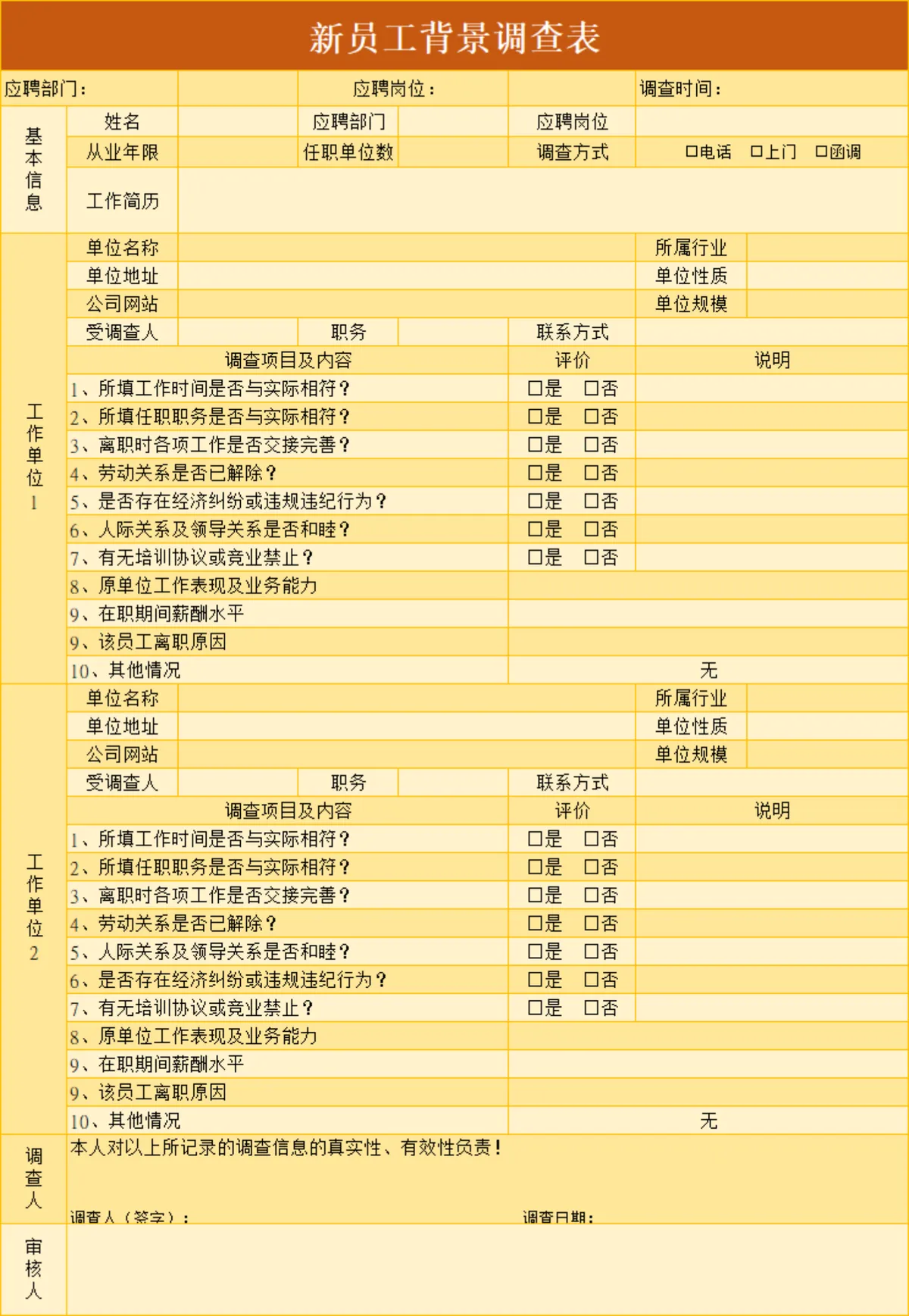 人事行政新员工入职背景调查信息登记Excel表格 - 第1页