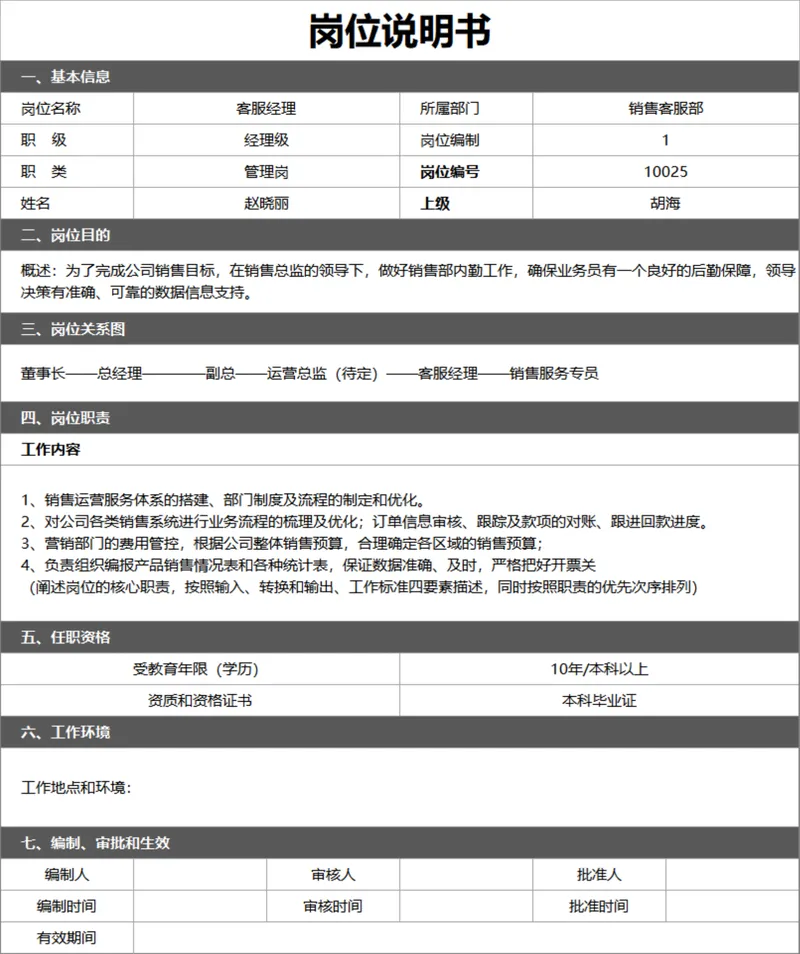 客服经理岗位说明书人事行政Excel表格 - 封面预览