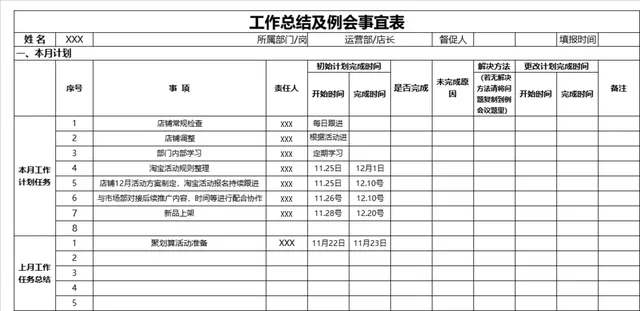 运营部门工作总结及例会事宜登记Excel表格 - 封面预览