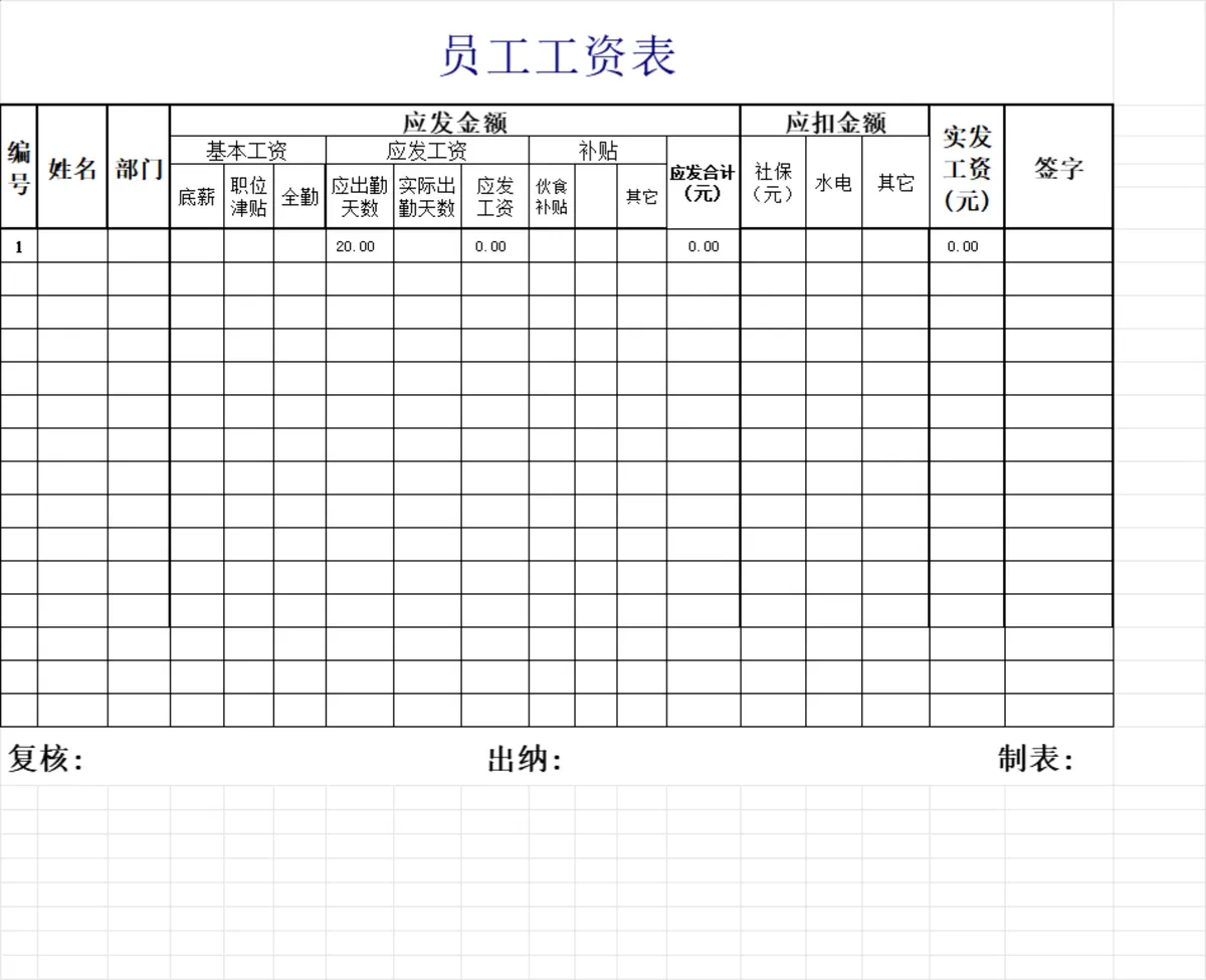 企业通用员工工资核算统计Excel表格 - 第1页