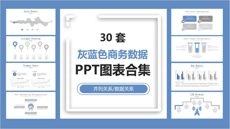 30套灰蓝色商务数据并列关系数据关系PPT图表合集 - 封面预览