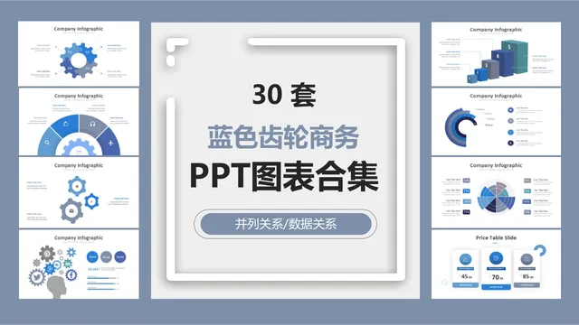 30套蓝色齿轮商务并列关系数据可视化PPT图表合集 - 封面预览