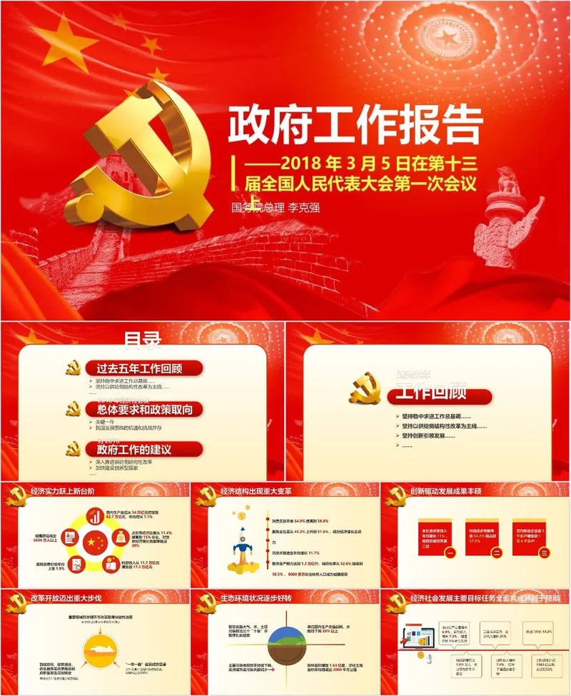 红色大气政府工作报告党建党政学习解读PPT模板 - 封面预览