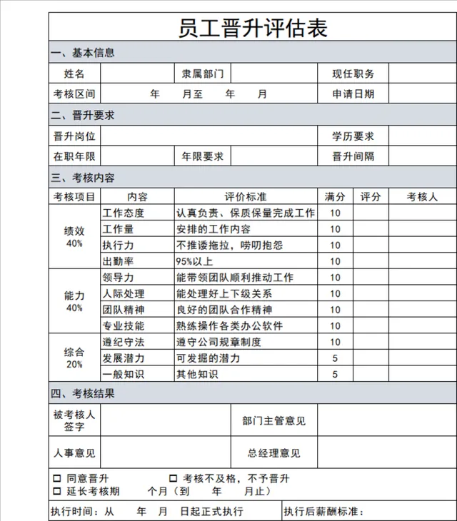 人事行政员工晋升评估考核登记Excel表格 - 封面预览