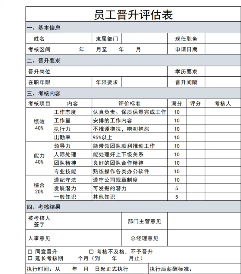 人事行政员工晋升评估考核登记Excel表格 - 封面预览