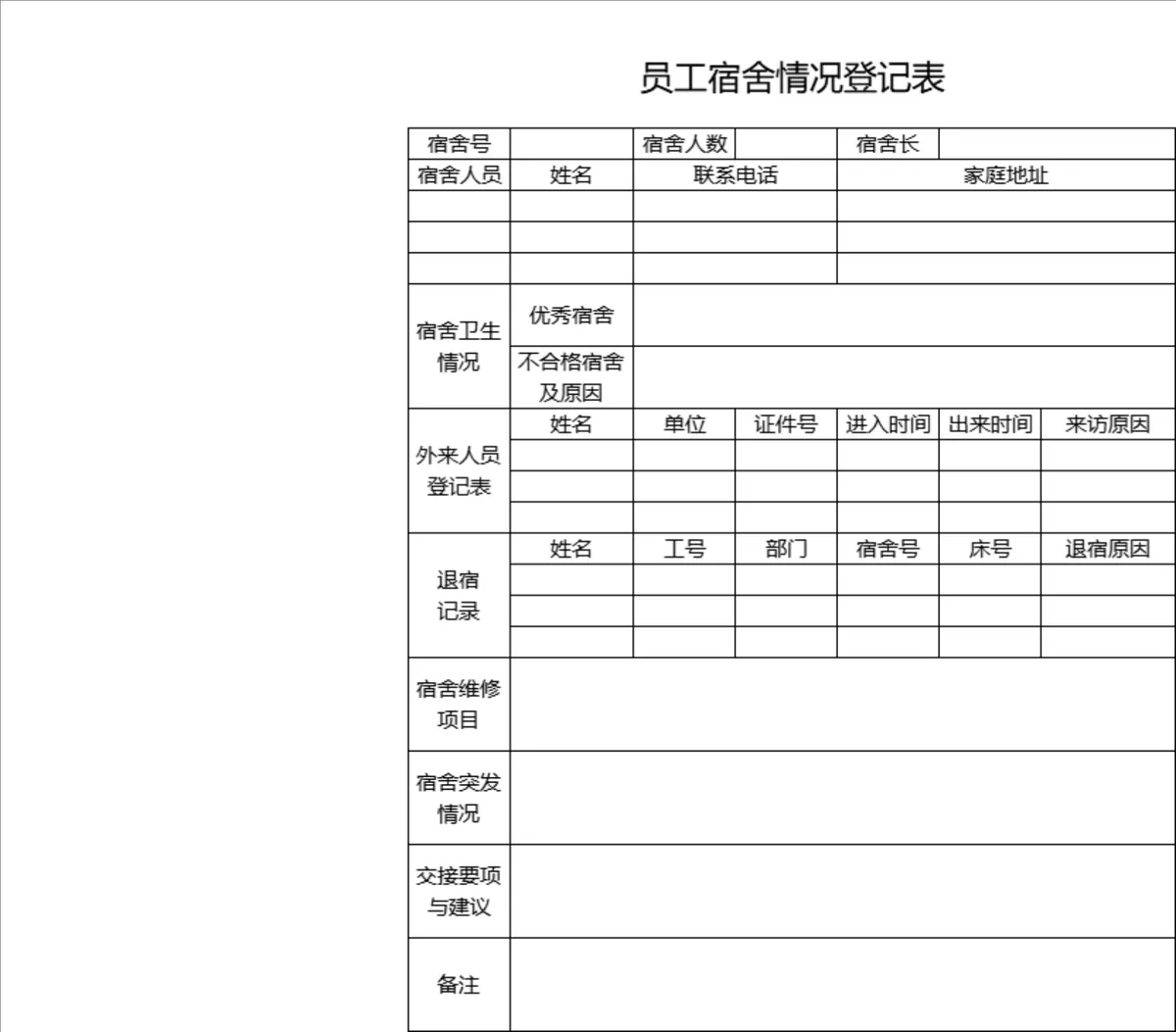 人事行政员工宿舍情况登记管理Excel表格 - 第1页