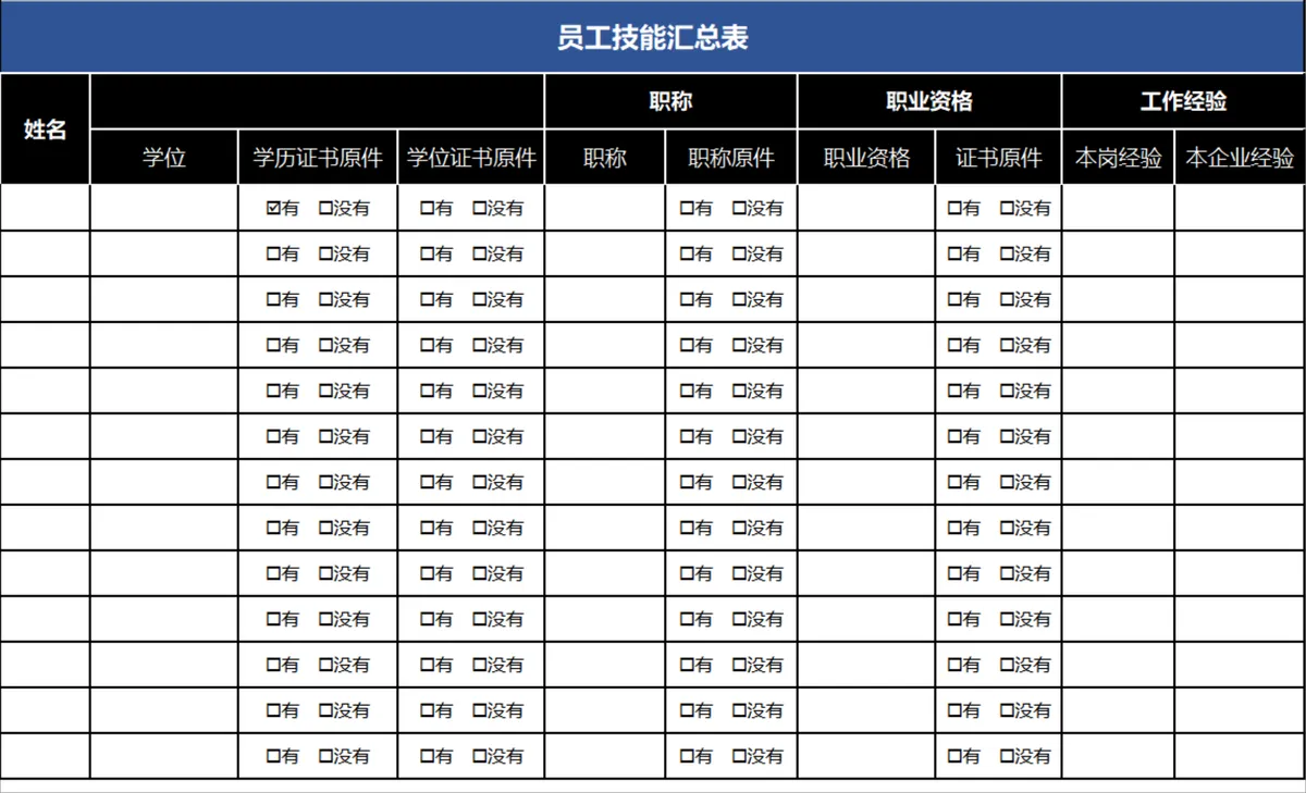 人事行政员工技能汇总信息登记Excel表格 - 第1页