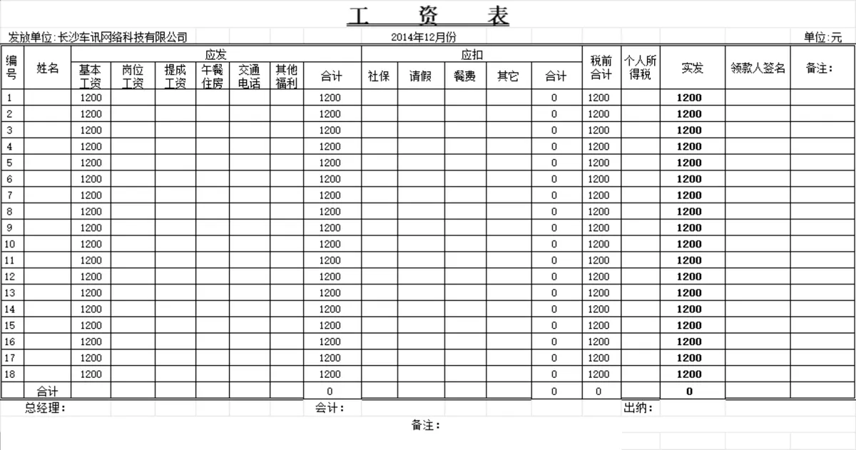 企业通用员工月度工资核算统计Excel表格 - 第1页