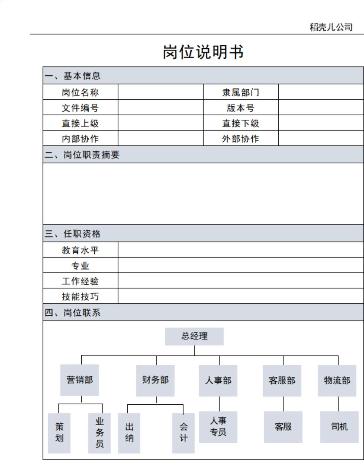 企业通用岗位说明书人事行政Excel表格模板 - 第1页