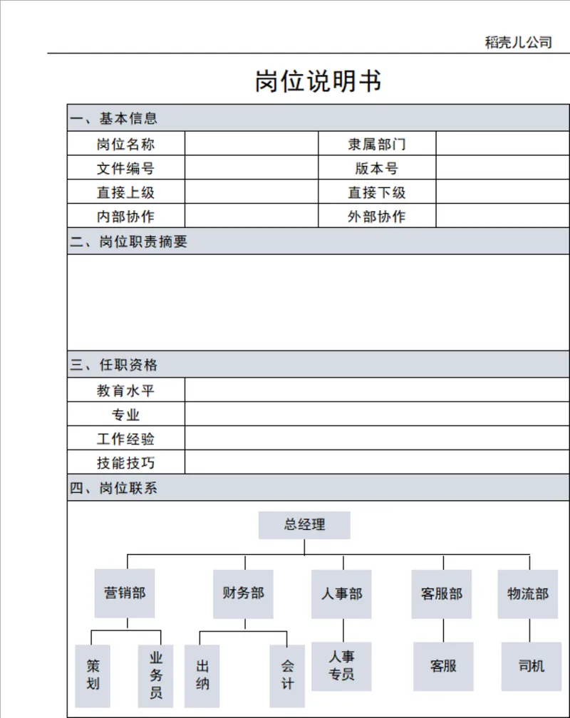 企业通用岗位说明书人事行政Excel表格模板 - 封面预览