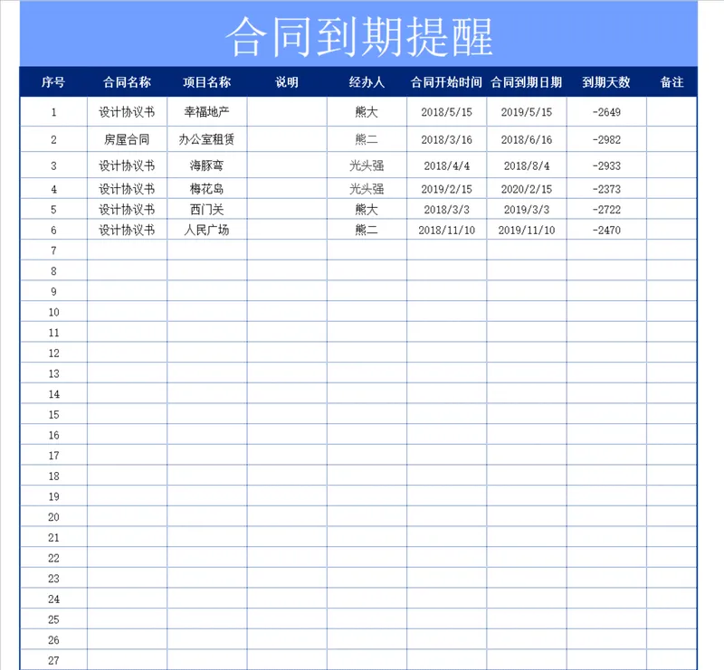 人事行政合同到期提醒登记Excel表格 - 封面预览