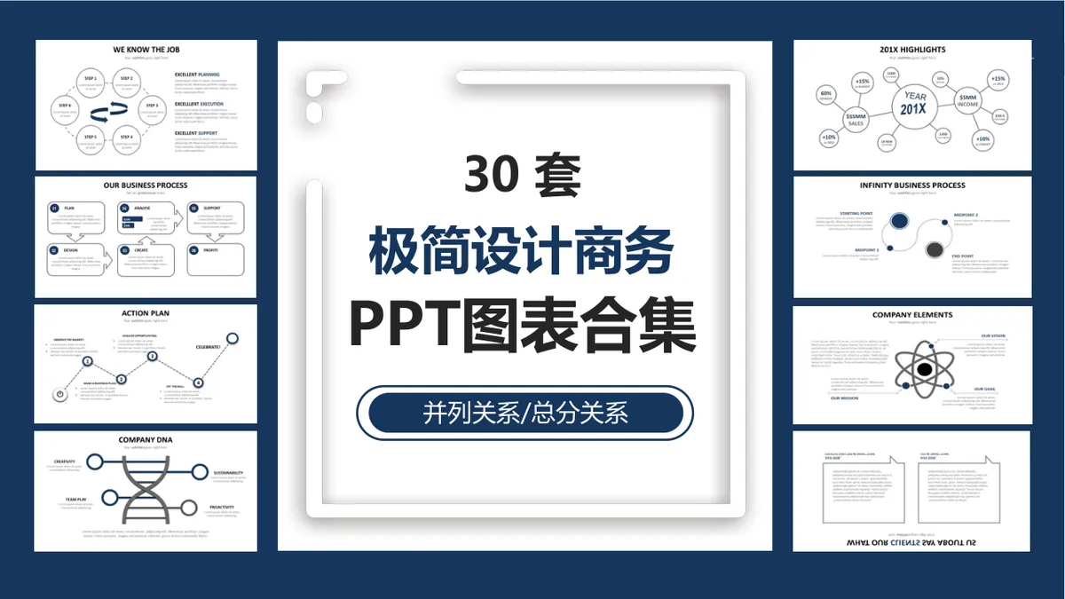 30套极简设计商务并列总分关系PPT图表合集 - 第1页