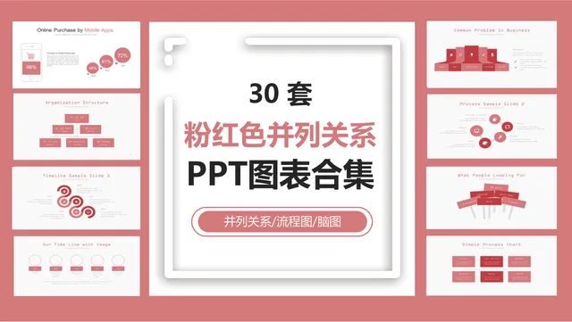 30套粉红色并列关系PPT图表合集 含流程图脑图组织架构演示素材 - 封面预览