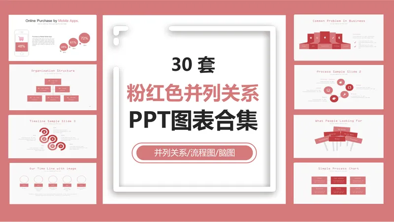 30套粉红色并列关系PPT图表合集 含流程图脑图组织架构演示素材 - 封面预览