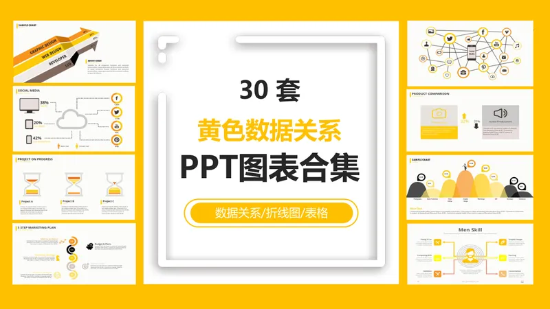 三十套黄色数据关系PPT图表合集 适用于数据展示分析汇报演示 - 封面预览