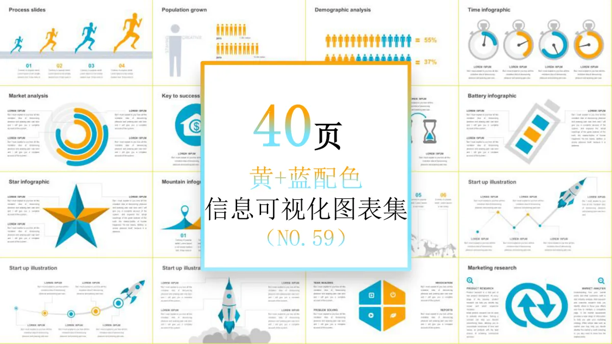 黄蓝配色信息可视化图表集思维导图PPT模板 - 第1页