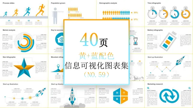 黄蓝配色信息可视化图表集思维导图PPT模板 - 封面预览