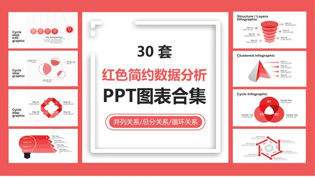 30套红色简约数据分析并列总分循环关系PPT图表合集 - 封面预览