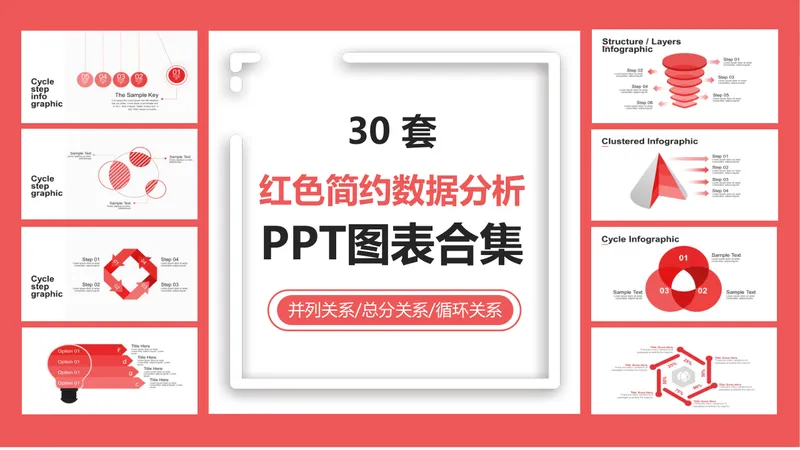 30套红色简约数据分析并列总分循环关系PPT图表合集 - 封面预览
