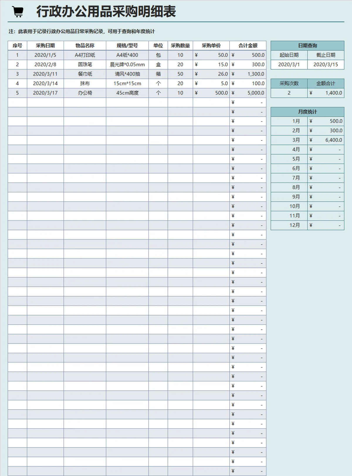 行政办公用品采购明细记录查询年度统计Excel表格 - 第1页