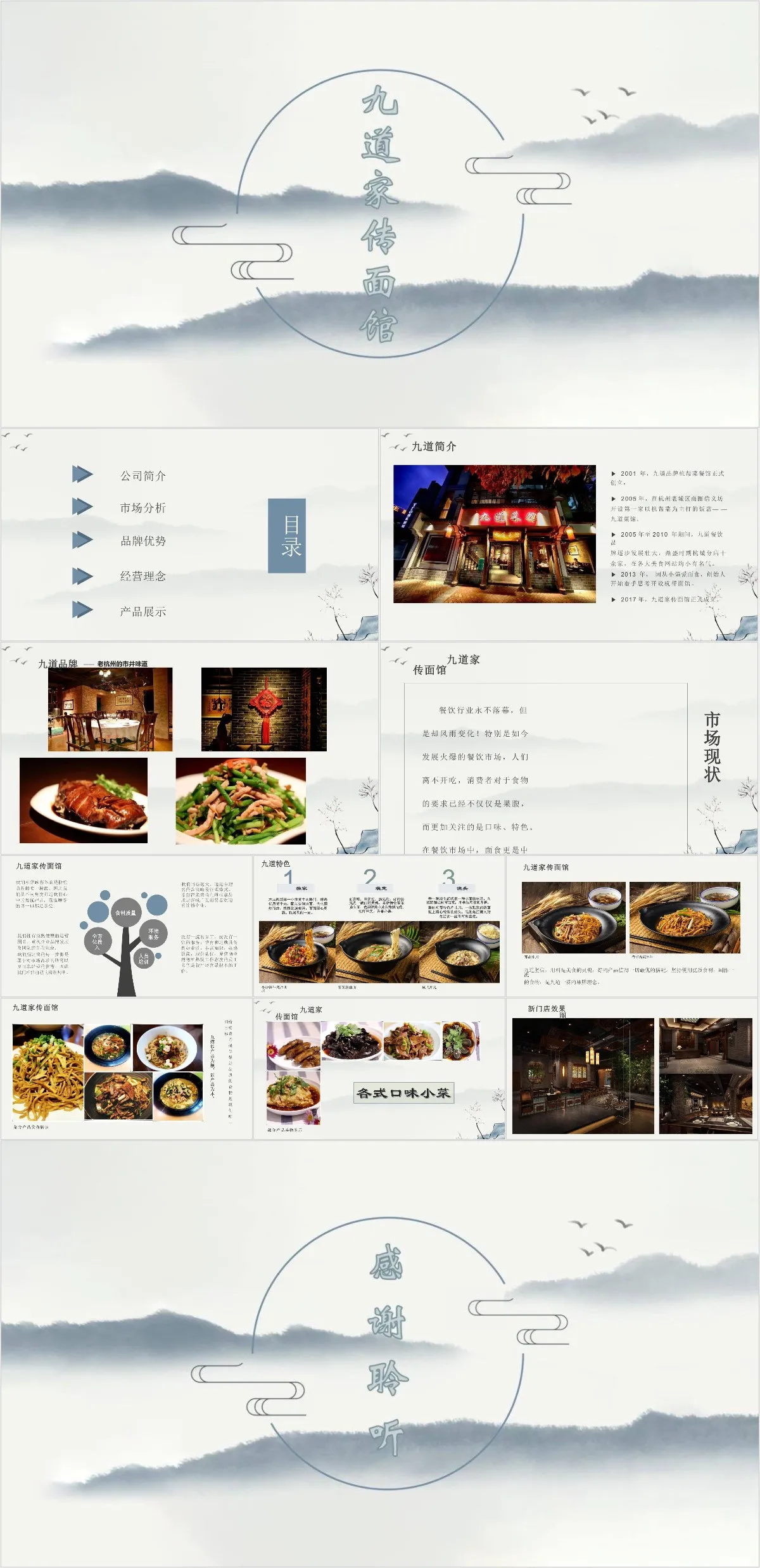 九道家传面馆国风水墨品牌介绍宣传PPT模板 - 模板内页详情长图