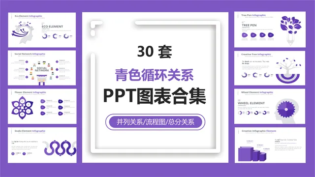 三十套紫色循环并列流程总分关系PPT图表合集 商务演示数据可视化素材 - 封面预览
