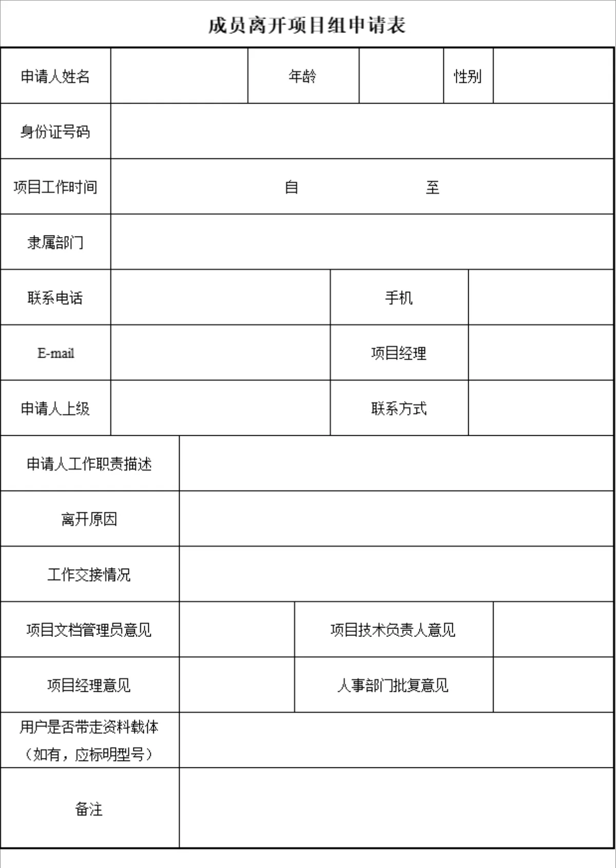 人事行政成员离开项目组申请登记Excel表格 - 第1页