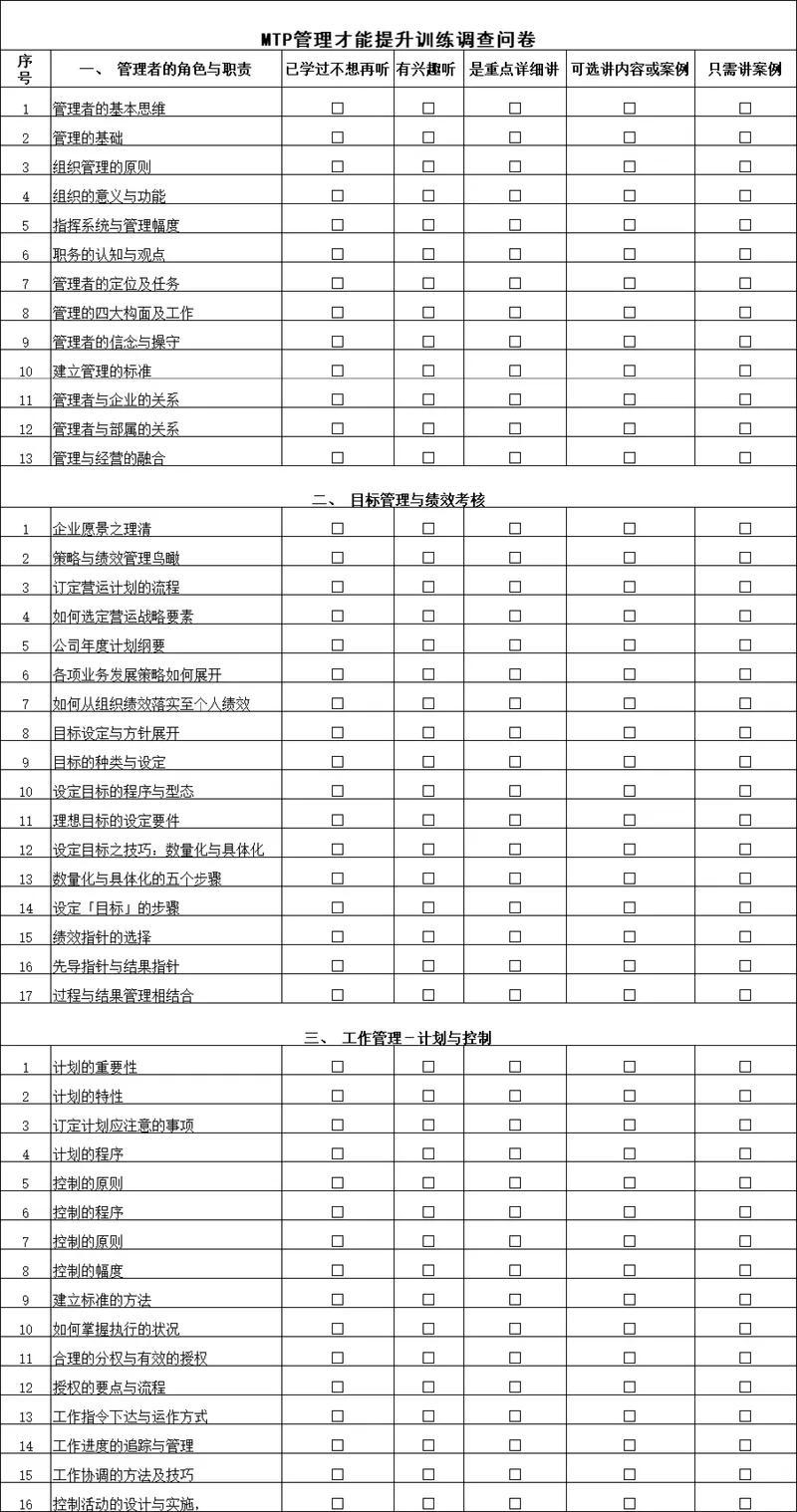 MTP管理才能提升训练调查问卷Excel表格 - 封面预览