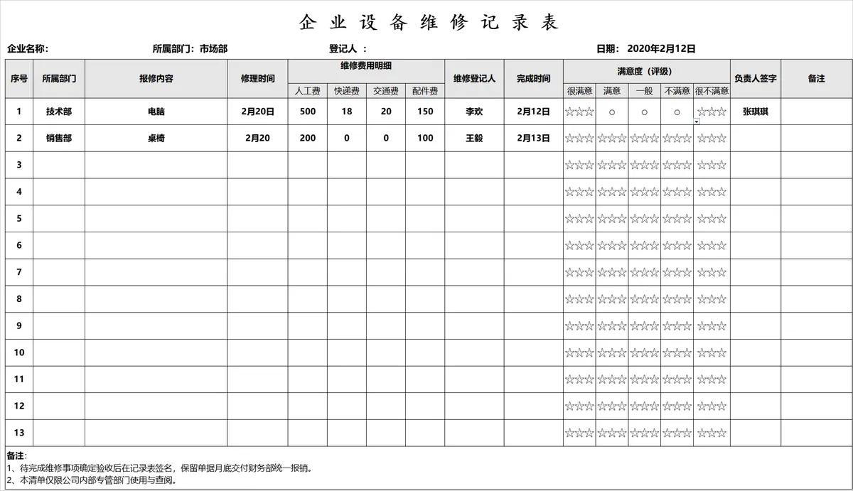 企业设备维修记录表Excel表格 用于登记设备报修详情费用明细及满意度评级 - 第1页
