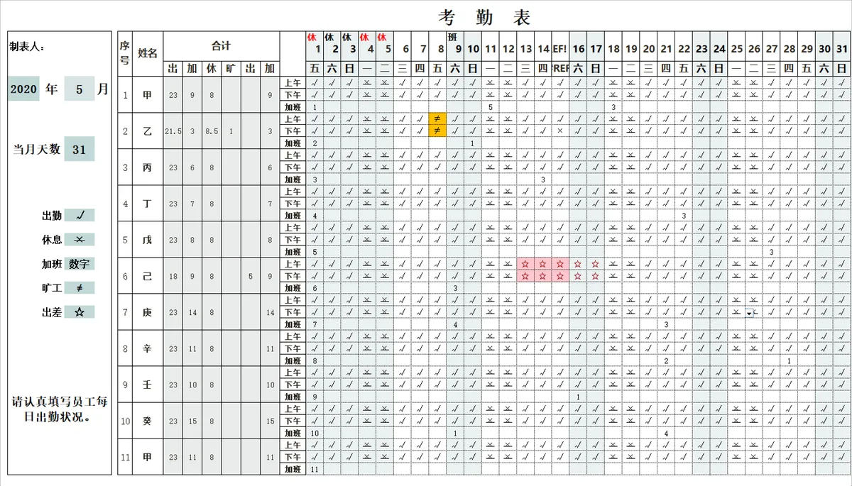 企业员工月度考勤统计Excel表格 含出勤休息加班旷工出差标记统计 - 第1页