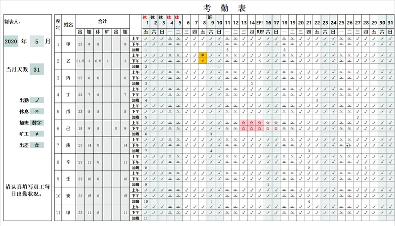 企业员工月度考勤统计Excel表格 含出勤休息加班旷工出差标记统计 - 封面预览
