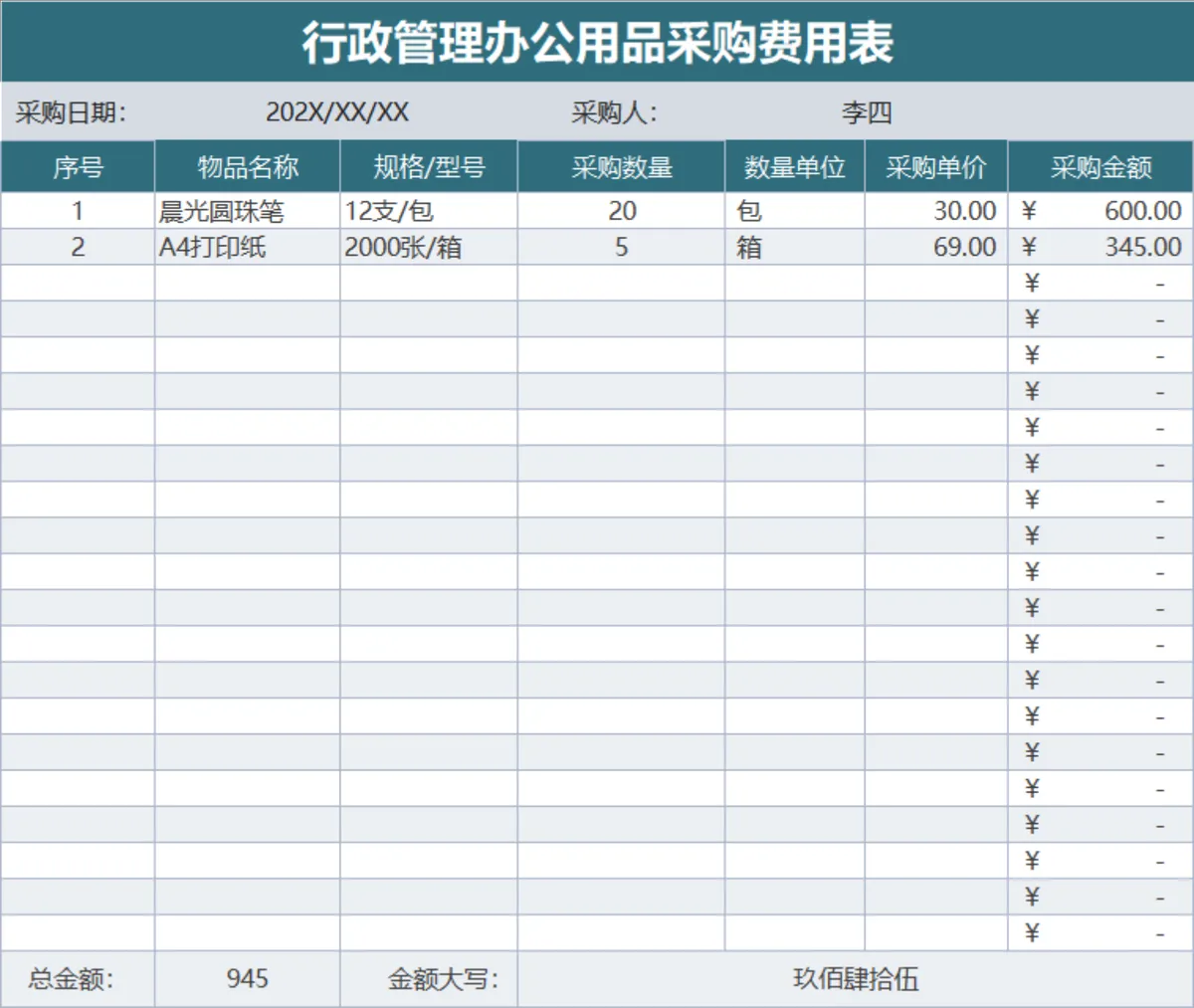 行政管理办公用品采购费用登记统计Excel表格 - 第1页