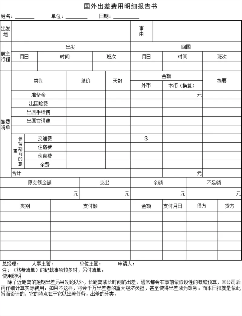 人事行政国外出差费用明细报告书Excel表格 - 封面预览
