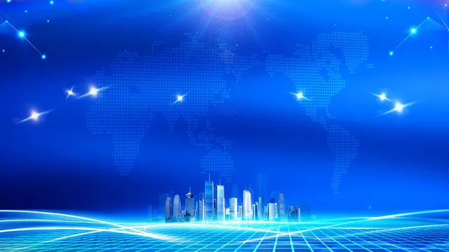 蓝色科技风世界地图城市建筑光点连线商务演示PPT背景图片 - 封面预览