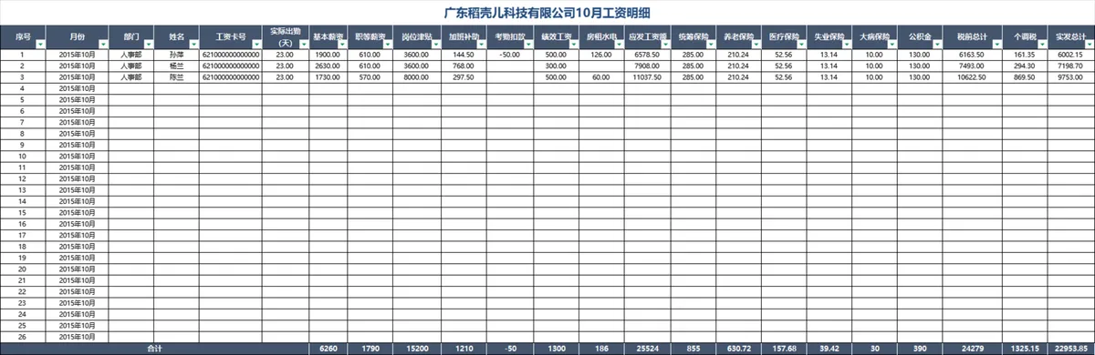 企业月度员工工资明细核算统计Excel表格 - 第1页