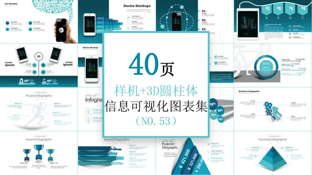 40页样机加3D圆柱体信息可视化图表集PPT模板 - 封面预览