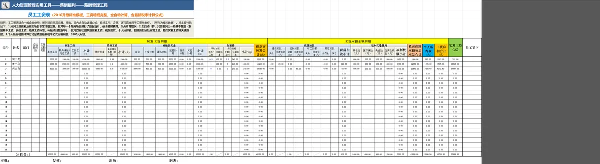员工工资表升级标准模板 工资明细完整全自动计算含新税率计算公式Excel表格 - 第1页