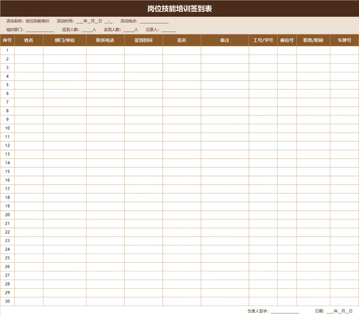 岗位技能培训签到登记Excel表格 - 第1页