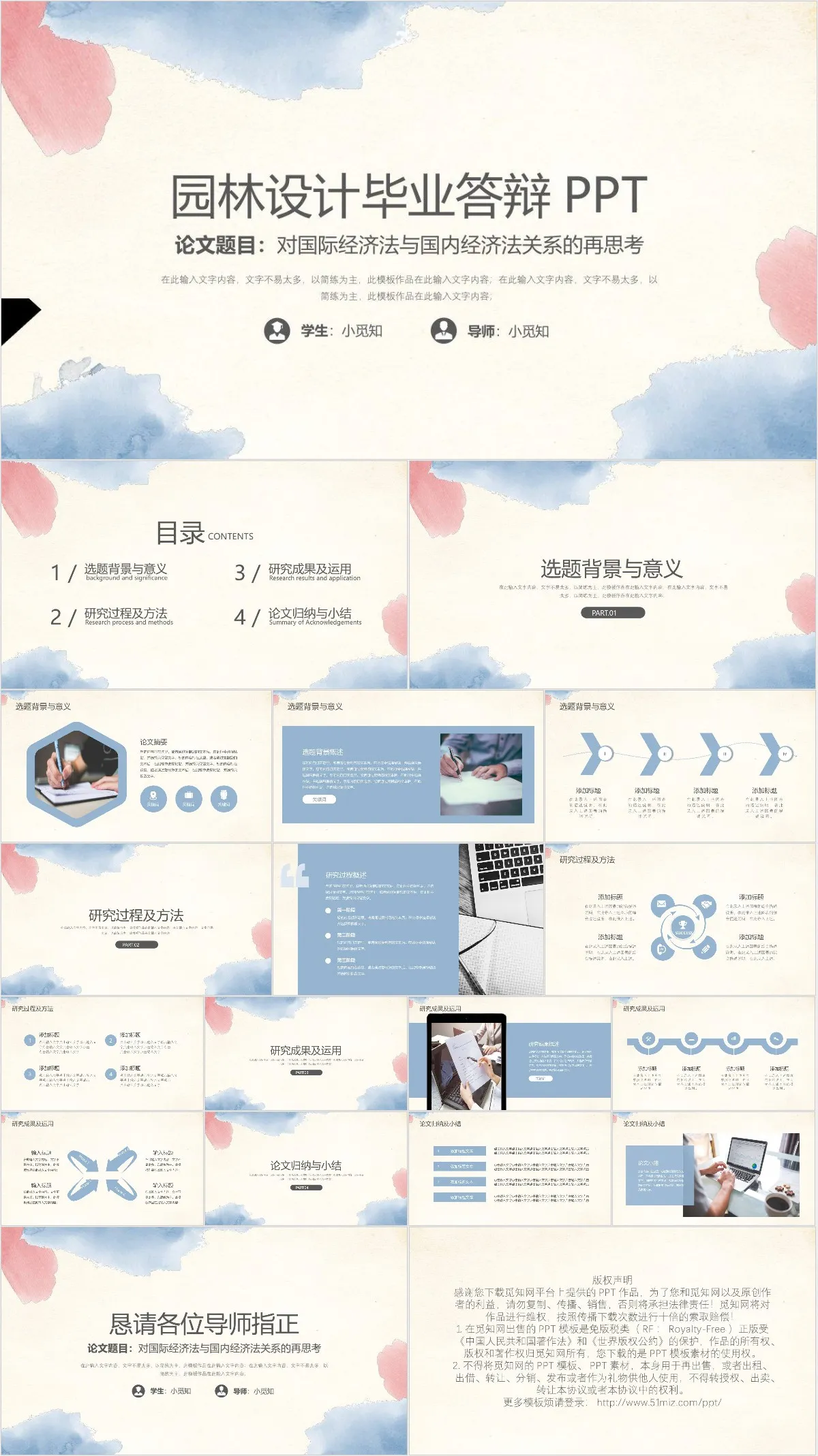 水彩风园林设计专业毕业答辩PPT模板 适用于高校学生毕业论文答辩展示 - 模板内页详情长图