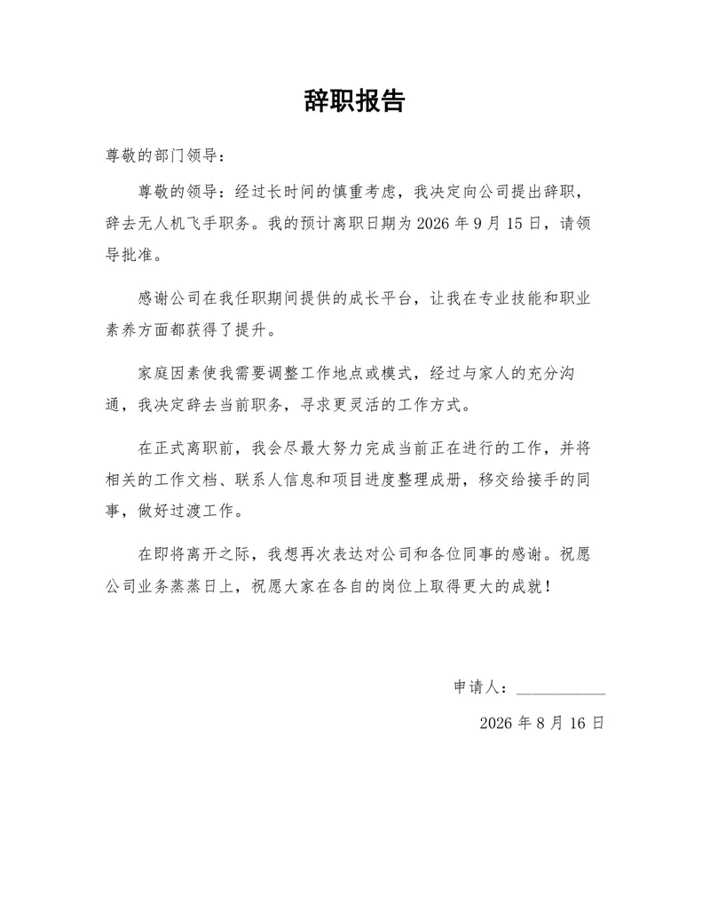无人机飞手岗位家庭原因离职正式辞职报告Word文档 - 封面预览