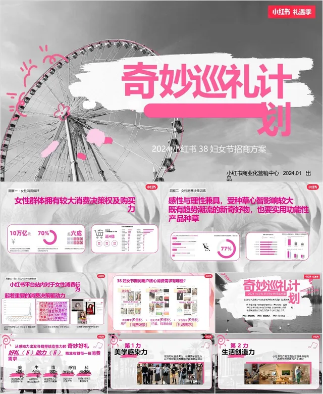 2024小红书奇妙巡礼计划38妇女节招商活动策划方案PPT模板 - 封面预览