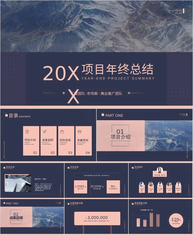 项目年终总结PPT模板 适用于市场部商业推广团队年度工作汇报展示 - 封面预览