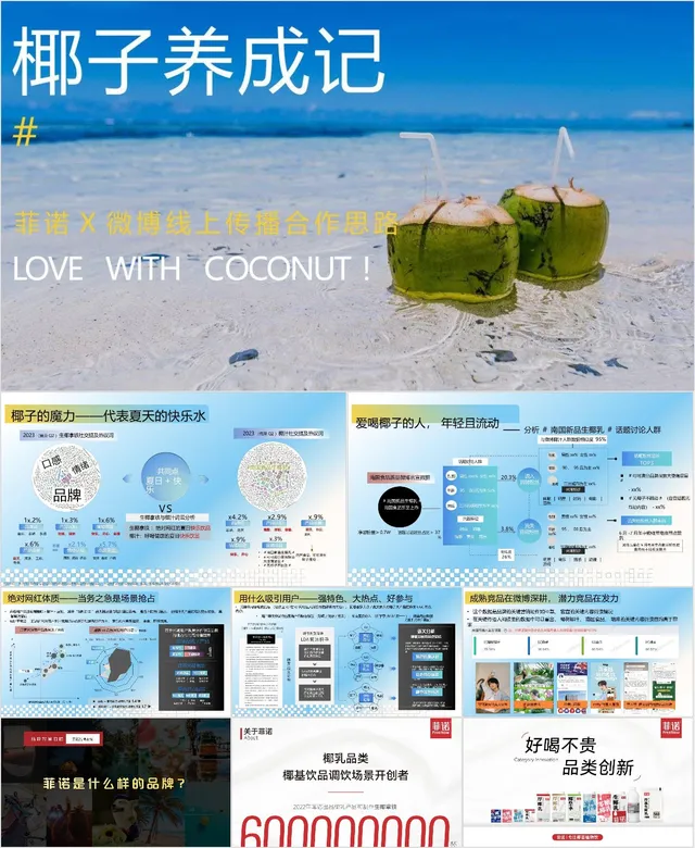 椰子养成记菲诺X微博线上传播合作思路营销策划PPT模板 - 封面预览