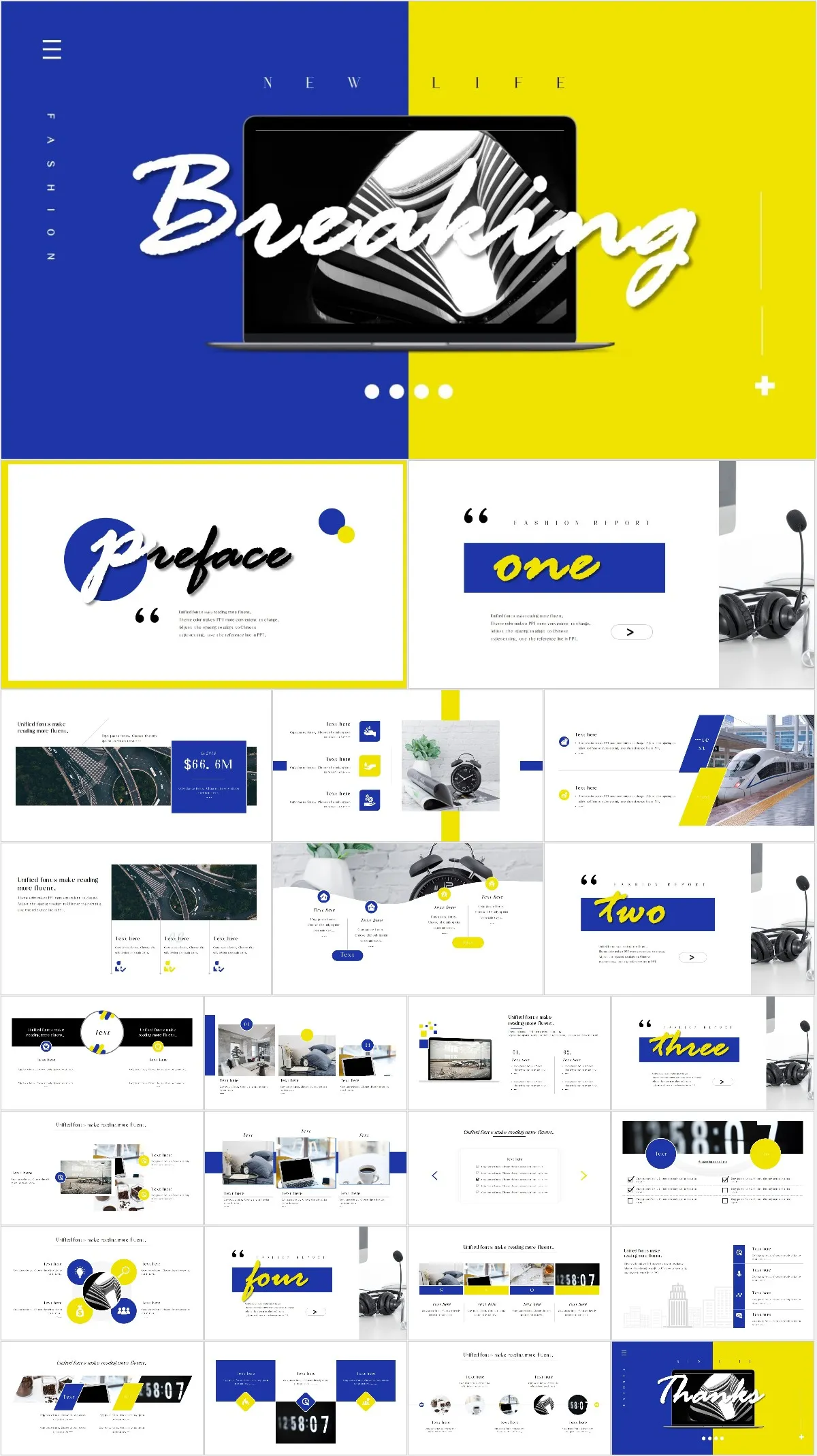 蓝黄撞色时尚简约商务PPT模板 - 模板内页详情长图