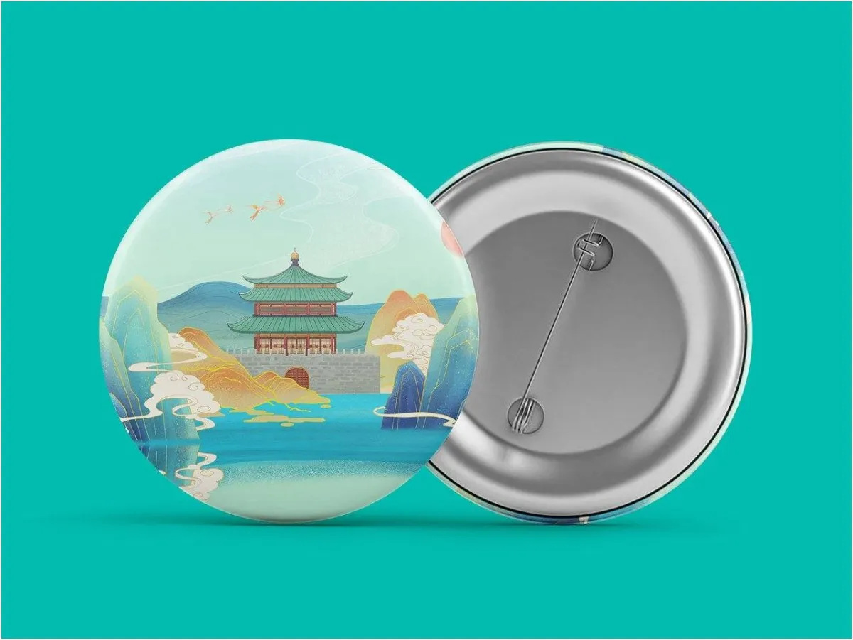 国风古建筑山水插画徽章文创周边设计展示PPT模板 - 模板内页详情长图