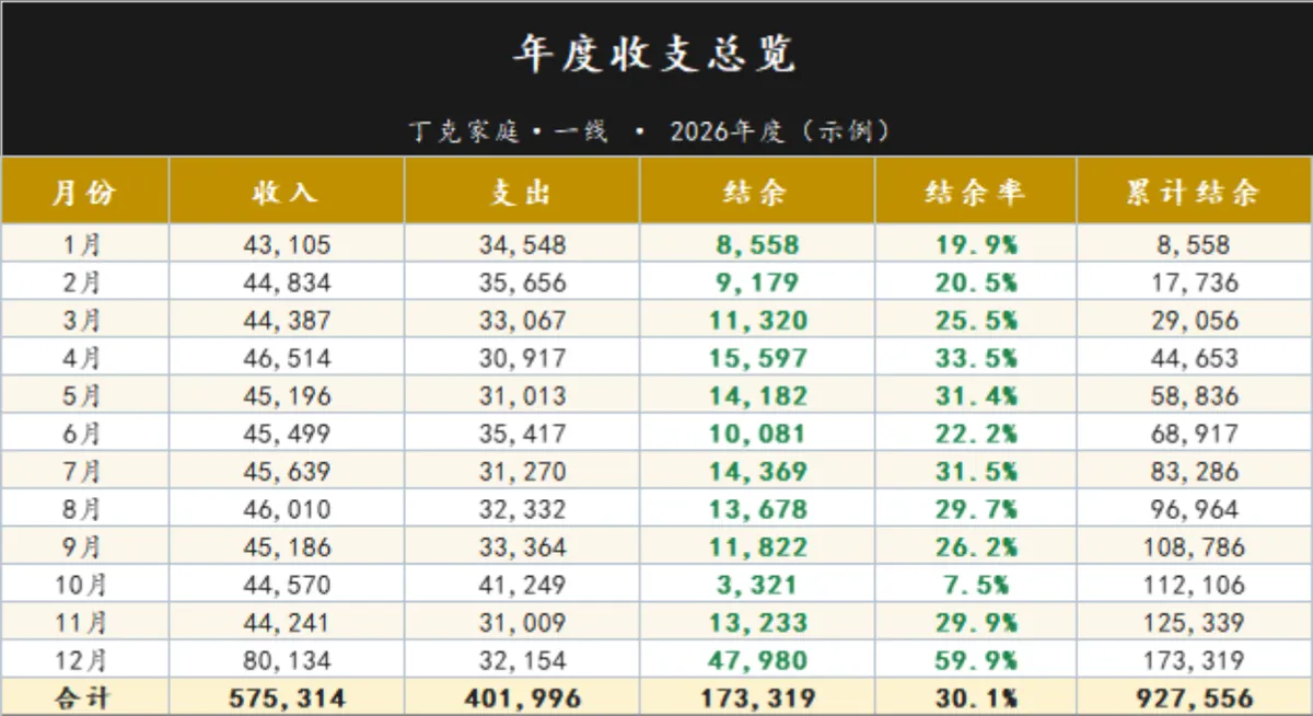 家庭年度收支总览与分类支出统计Excel表格 - 第1页